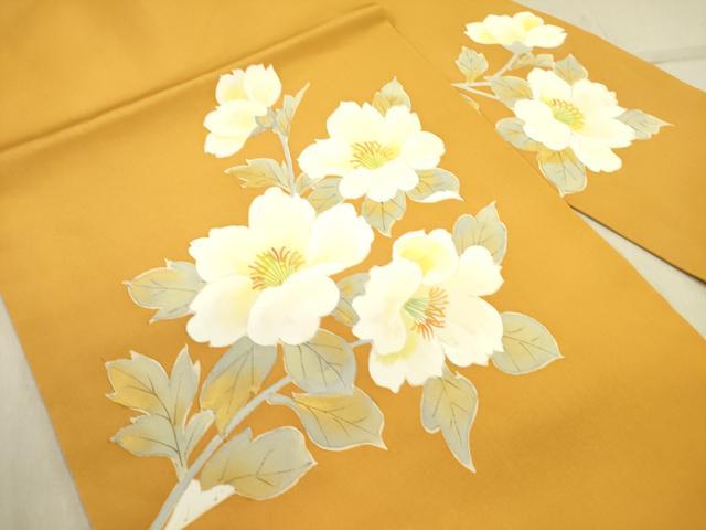 平和屋着物●塩瀬　九寸名古屋帯　手描き　草花　正絹　逸品　DABD0520op