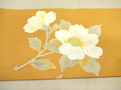 平和屋着物●塩瀬　九寸名古屋帯　手描き　草花　正絹　逸品　DABD0520op