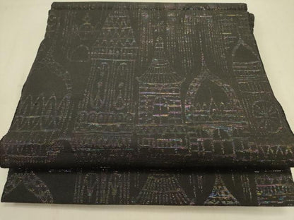 平和屋着物●八寸名古屋帯　風景文　黒地　ラメ糸　正絹　逸品　DABD0521op