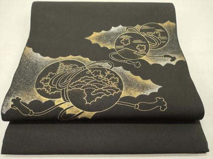 平和屋着物●塩瀬　九寸開き名古屋帯　花鼓文　黒地　金彩　正絹　逸品　DABD0533op