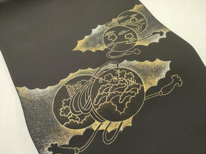 平和屋着物●塩瀬　九寸開き名古屋帯　花鼓文　黒地　金彩　正絹　逸品　DABD0533op