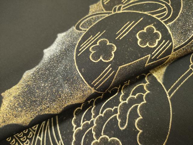 平和屋着物●塩瀬　九寸開き名古屋帯　花鼓文　黒地　金彩　正絹　逸品　DABD0533op