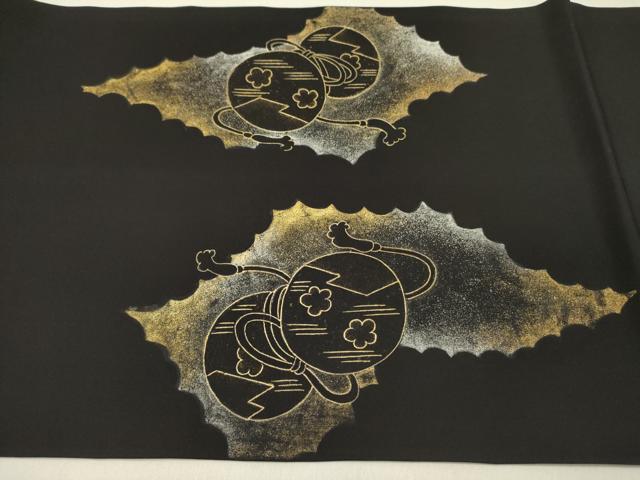 平和屋着物●塩瀬　九寸開き名古屋帯　花鼓文　黒地　金彩　正絹　逸品　DABD0533op