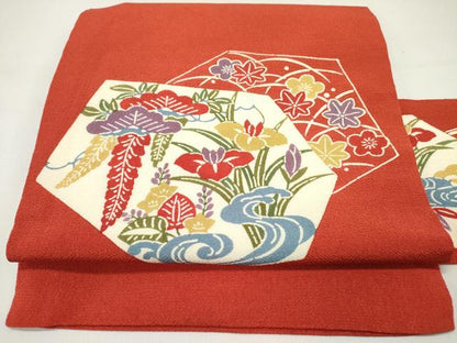 平和屋着物▼九寸名古屋帯　型染　花松文　鬼しぼ縮緬　正絹　逸品　DABD0547op