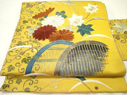 平和屋着物●アンティーク　大正ロマン　九寸名古屋帯　総刺繍　籬菊文　金銀糸　正絹　逸品　DABD0551op