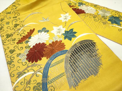 平和屋着物●アンティーク　大正ロマン　九寸名古屋帯　総刺繍　籬菊文　金銀糸　正絹　逸品　DABD0551op