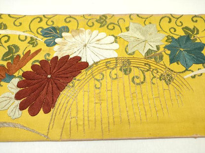 平和屋着物●アンティーク　大正ロマン　九寸名古屋帯　総刺繍　籬菊文　金銀糸　正絹　逸品　DABD0551op