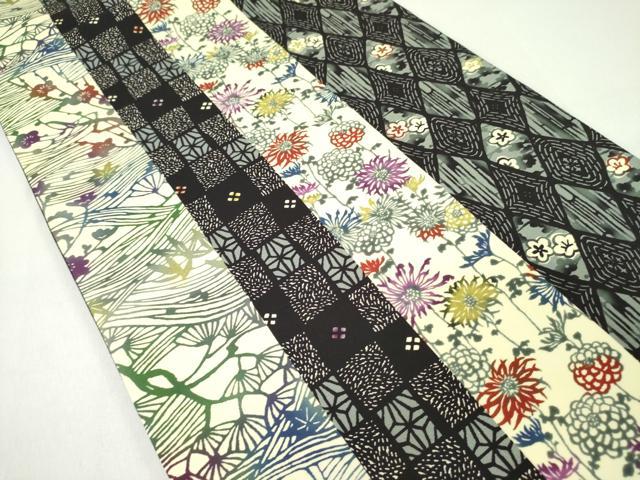 平和屋着物●全通柄袋帯　型染　草花間道　黒地　正絹　逸品　未使用　DABD0555op