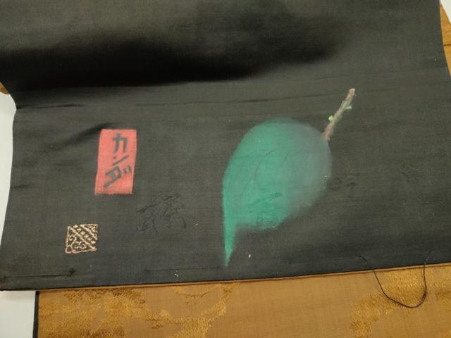 平和屋着物●アンティーク　大正ロマン　両面　太鼓柄京袋帯　草花　黒地　正絹　逸品　DABD0560op