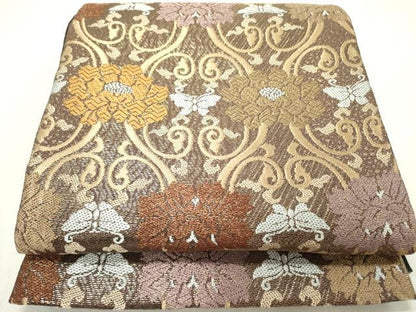 平和屋着物▽六通柄袋帯 スリーシーズン 春夏秋 唐織 舞蝶花文 金糸 正絹 逸品 DABD0570op