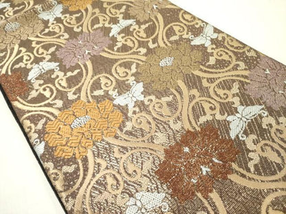 平和屋着物▽六通柄袋帯 スリーシーズン 春夏秋 唐織 舞蝶花文 金糸 正絹 逸品 DABD0570op