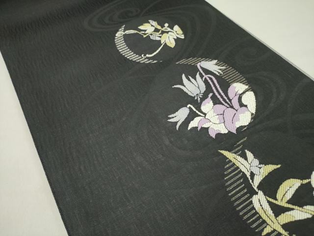 平和屋着物●両面　太鼓柄袋帯　半月露草文　ストーンヘンジ　黒地　金糸　正絹　逸品　DABD0573op