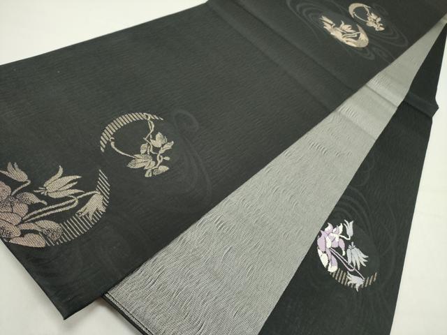 平和屋着物●両面　太鼓柄袋帯　半月露草文　ストーンヘンジ　黒地　金糸　正絹　逸品　DABD0573op