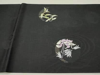 平和屋着物●両面　太鼓柄袋帯　半月露草文　ストーンヘンジ　黒地　金糸　正絹　逸品　DABD0573op