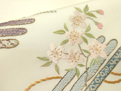 平和屋着物●塩瀬　九寸名古屋帯　駒刺繍　総刺繍　花筏　五泉　金糸　逸品　DABD0575op