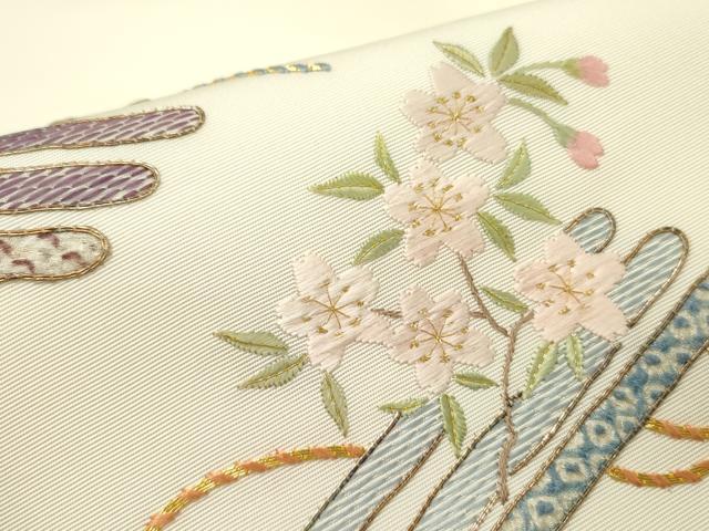 平和屋着物●塩瀬　九寸名古屋帯　駒刺繍　総刺繍　花筏　五泉　金糸　逸品　DABD0575op