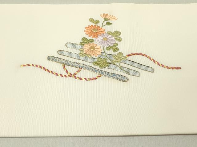 平和屋着物●塩瀬　九寸名古屋帯　駒刺繍　総刺繍　花筏　五泉　金糸　逸品　DABD0575op