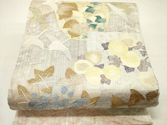 平和屋着物▽両面 六通柄袋帯 スリーシーズン 春夏秋 すくい織 千鳥 草花 金糸 共箱付き 正絹 逸品 DABD0576op