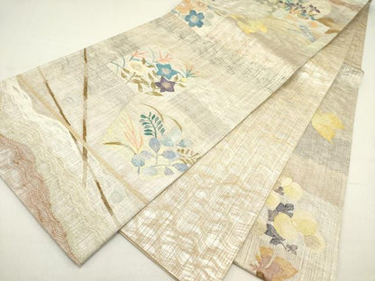 平和屋着物▽両面 六通柄袋帯 スリーシーズン 春夏秋 すくい織 千鳥 草花 金糸 共箱付き 正絹 逸品 DABD0576op