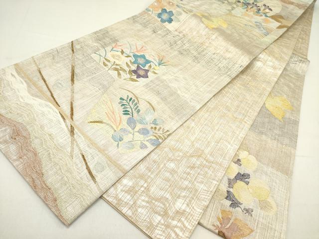 平和屋着物▽両面 六通柄袋帯 スリーシーズン 春夏秋 すくい織 千鳥 草花 金糸 共箱付き 正絹 逸品 DABD0576op