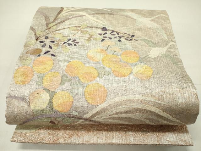 平和屋着物▽両面 六通柄袋帯 スリーシーズン 春夏秋 すくい織 千鳥 草花 金糸 共箱付き 正絹 逸品 DABD0576op