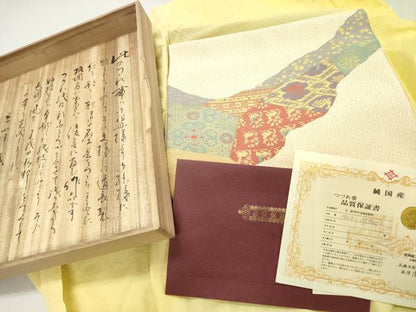 平和屋着物●名門　浅田綴　八寸名古屋帯　綴れ　有栖川花文　金糸　共箱付き　正絹　逸品　DABD0577op