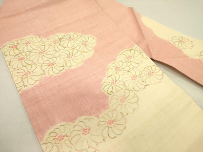 平和屋着物●九寸名古屋帯　紬地　刺繍　菊　正絹　逸品　DABD0622op