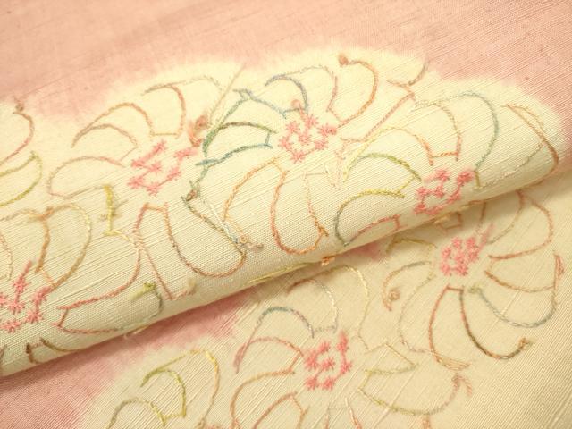 平和屋着物●九寸名古屋帯　紬地　刺繍　菊　正絹　逸品　DABD0622op