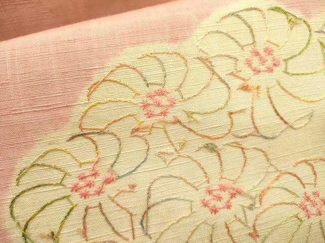 平和屋着物●九寸名古屋帯　紬地　刺繍　菊　正絹　逸品　DABD0622op