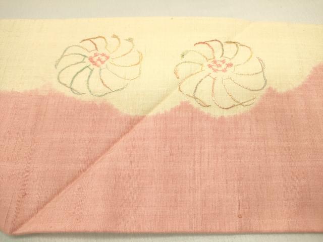 平和屋着物●九寸名古屋帯　紬地　刺繍　菊　正絹　逸品　DABD0622op