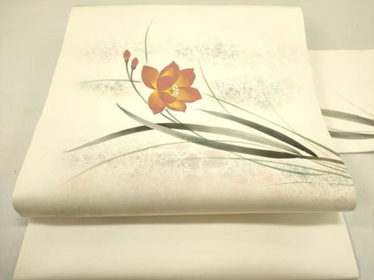 平和屋着物●塩瀬　九寸名古屋帯　作家物　手描き　草花　正絹　逸品　DABD0624op
