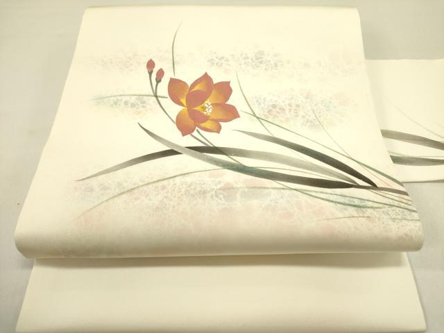 平和屋着物●塩瀬　九寸名古屋帯　作家物　手描き　草花　正絹　逸品　DABD0624op