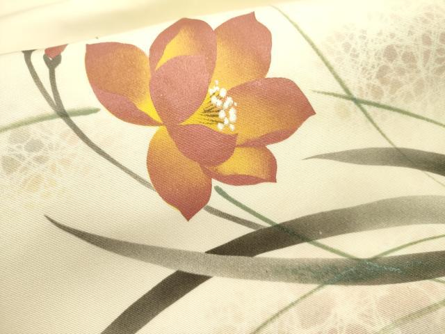 平和屋着物●塩瀬　九寸名古屋帯　作家物　手描き　草花　正絹　逸品　DABD0624op