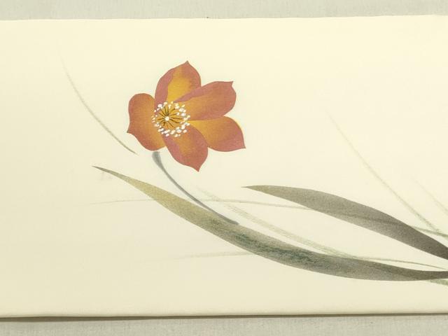 平和屋着物●塩瀬　九寸名古屋帯　作家物　手描き　草花　正絹　逸品　DABD0624op