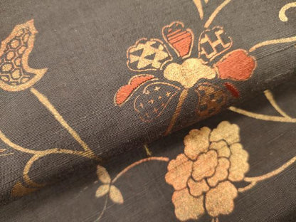 平和屋着物●太鼓柄袋帯　紬地　刺繍　更紗花唐草文　金糸　正絹　逸品　DABD0628op