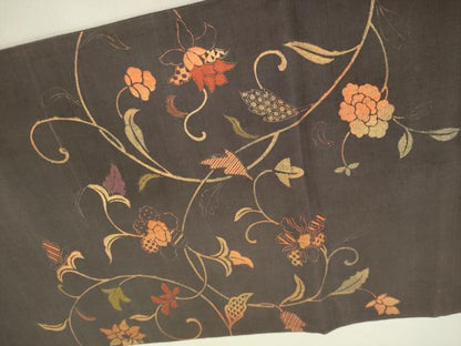 平和屋着物●太鼓柄袋帯　紬地　刺繍　更紗花唐草文　金糸　正絹　逸品　DABD0628op