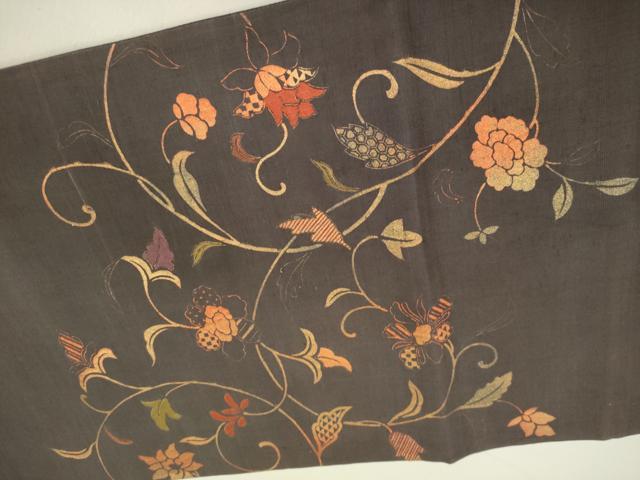 平和屋着物●太鼓柄袋帯　紬地　刺繍　更紗花唐草文　金糸　正絹　逸品　DABD0628op