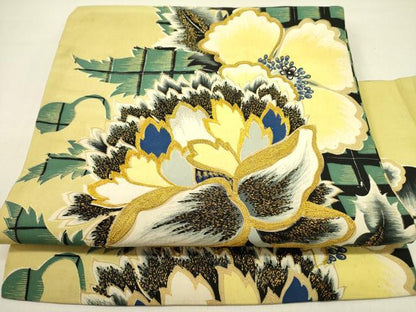 平和屋着物●アンティーク　大正ロマン　九寸名古屋帯　駒刺繍　草花　金糸　正絹　逸品　DABD0629op