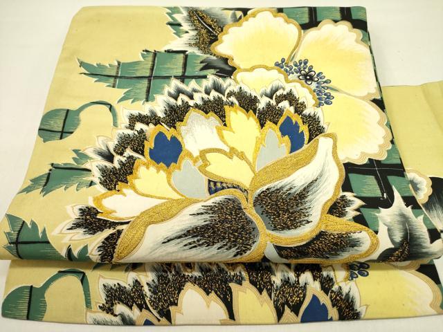 平和屋着物●アンティーク　大正ロマン　九寸名古屋帯　駒刺繍　草花　金糸　正絹　逸品　DABD0629op
