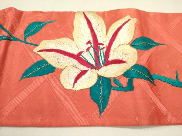 平和屋着物●アンティーク　大正ロマン　九寸名古屋帯　総手刺繍　草花　金糸　正絹　逸品　DABD0630op