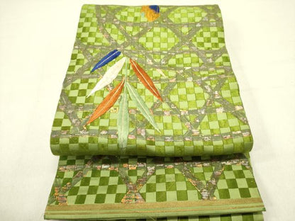平和屋着物●アンティーク　大正ロマン　六寸帯　刺繍　籠目草葉文　金彩　正絹　逸品　DABD0631op
