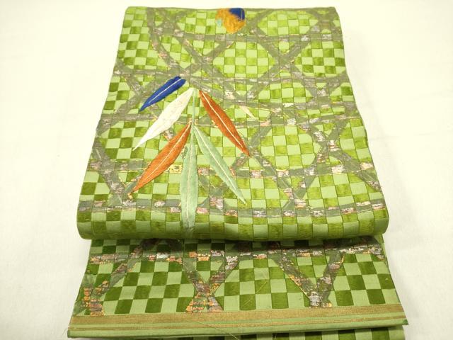 平和屋着物●アンティーク　大正ロマン　六寸帯　刺繍　籠目草葉文　金彩　正絹　逸品　DABD0631op