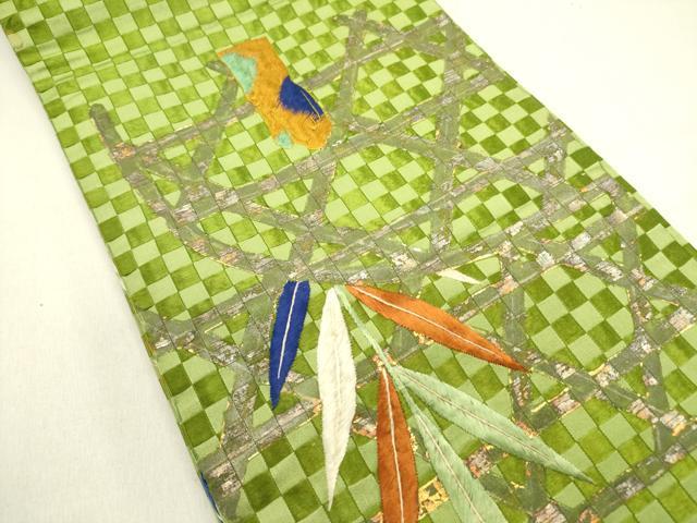 平和屋着物●アンティーク　大正ロマン　六寸帯　刺繍　籠目草葉文　金彩　正絹　逸品　DABD0631op