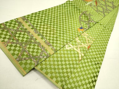 平和屋着物●アンティーク　大正ロマン　六寸帯　刺繍　籠目草葉文　金彩　正絹　逸品　DABD0631op