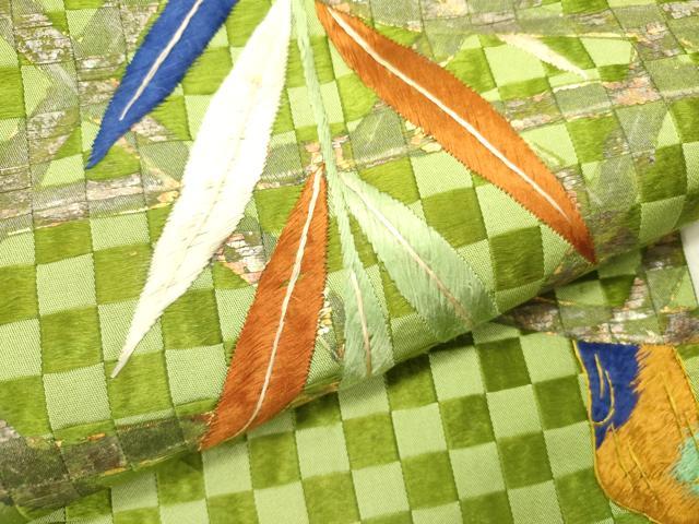平和屋着物●アンティーク　大正ロマン　六寸帯　刺繍　籠目草葉文　金彩　正絹　逸品　DABD0631op
