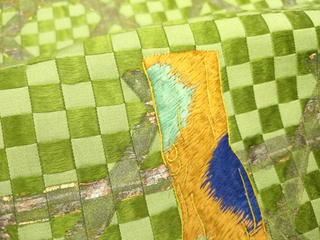 平和屋着物●アンティーク　大正ロマン　六寸帯　刺繍　籠目草葉文　金彩　正絹　逸品　DABD0631op
