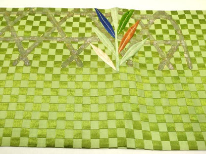 平和屋着物●アンティーク　大正ロマン　六寸帯　刺繍　籠目草葉文　金彩　正絹　逸品　DABD0631op