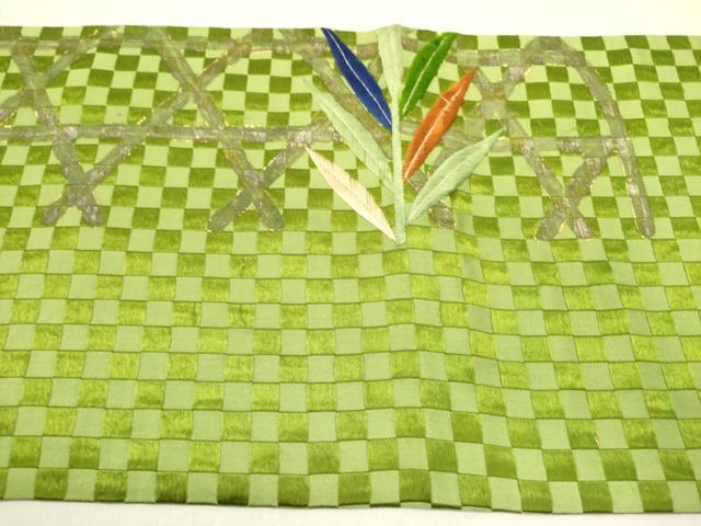 平和屋着物●アンティーク　大正ロマン　六寸帯　刺繍　籠目草葉文　金彩　正絹　逸品　DABD0631op