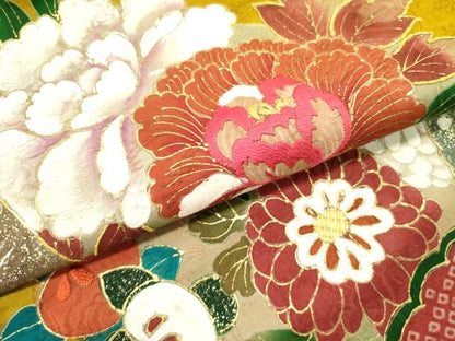 平和屋着物●アンティーク　大正ロマン　九寸名古屋帯　刺繍　地紙草花文　金彩　正絹　逸品　DABD0632op