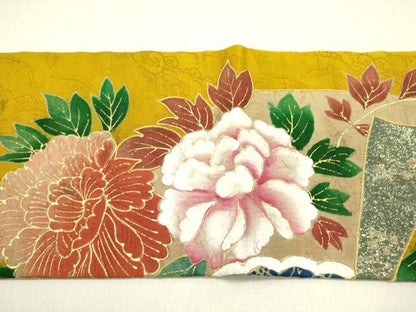平和屋着物●アンティーク　大正ロマン　九寸名古屋帯　刺繍　地紙草花文　金彩　正絹　逸品　DABD0632op
